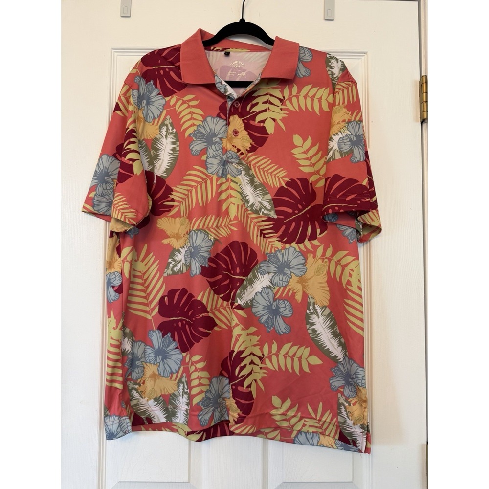 Monterey Club Men's Floral Polo Dry Swing, Red Golf Shirt Large